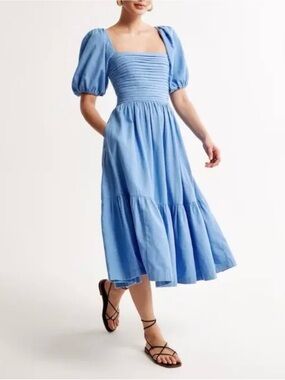 NWT Abercrombie & Fitch Emerson Linen-Blend Light Blue Puff Sleeve Midi Dress